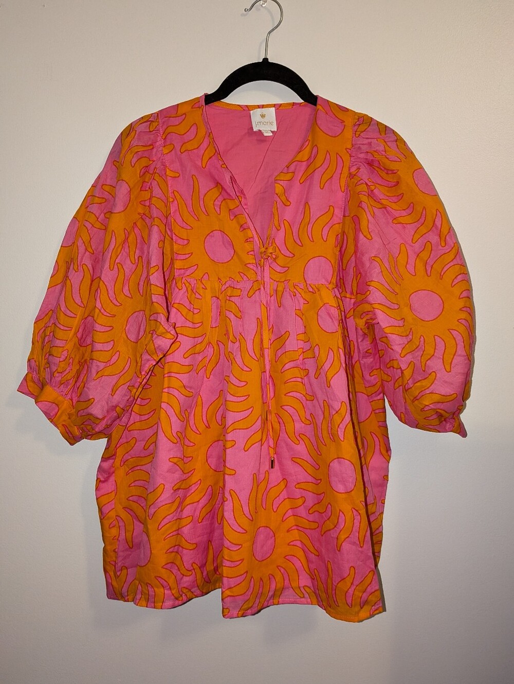 J. Marie Pink & Orange Sunburst V-Neck Puff sleeve Tunic XS